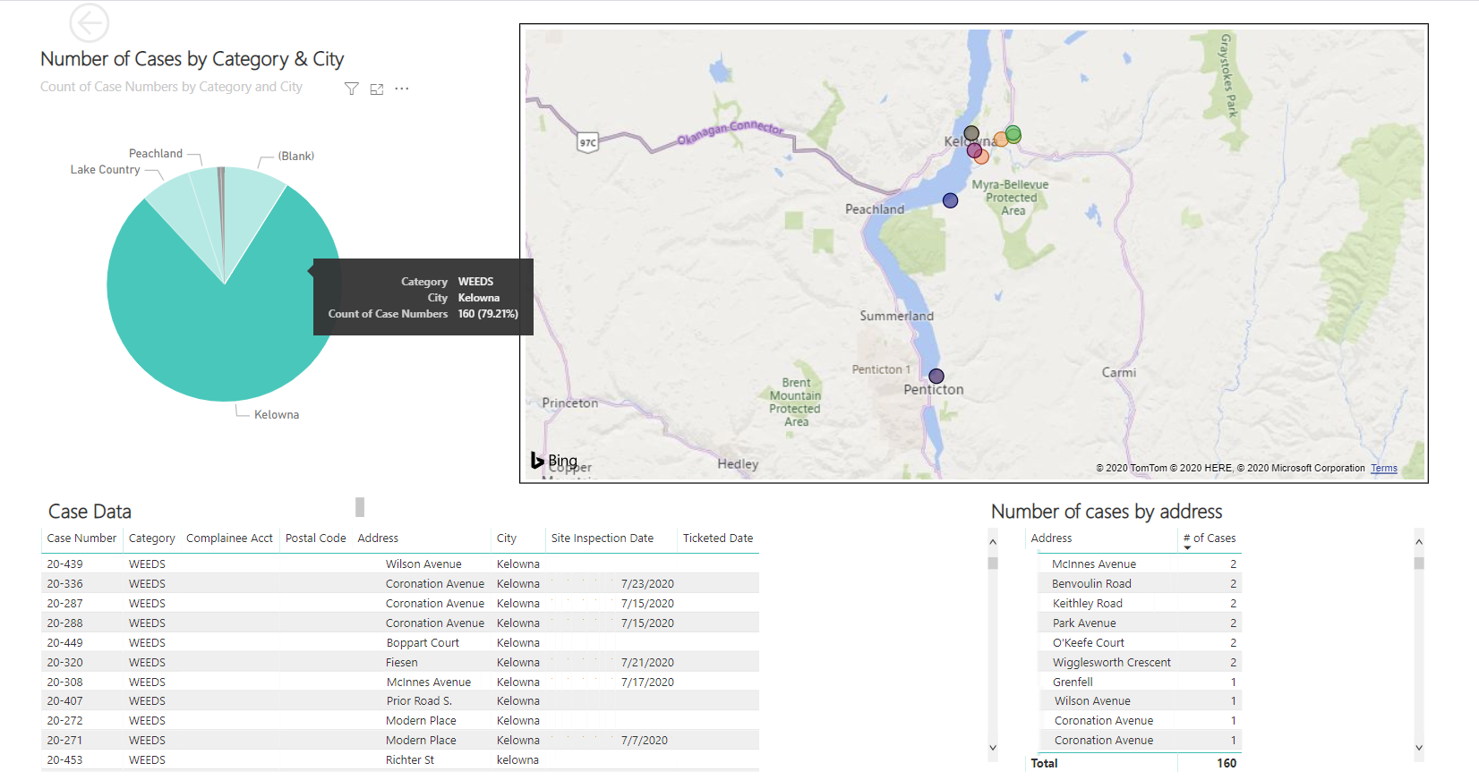 CityLogic bylaw operations dashboard prototype with case categories, map view, and case tables.