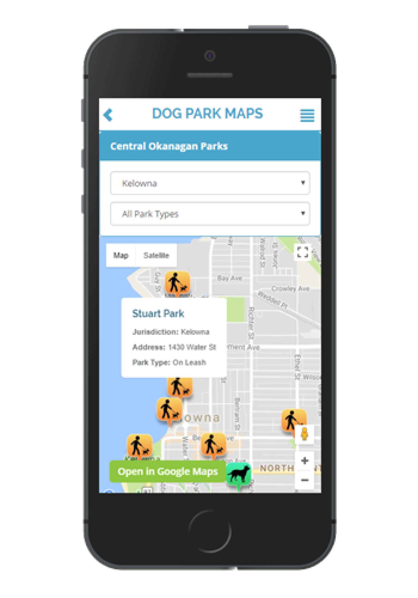 My Dog Matters mobile dog park finder screen with map filters, map markers, and direction handoff.