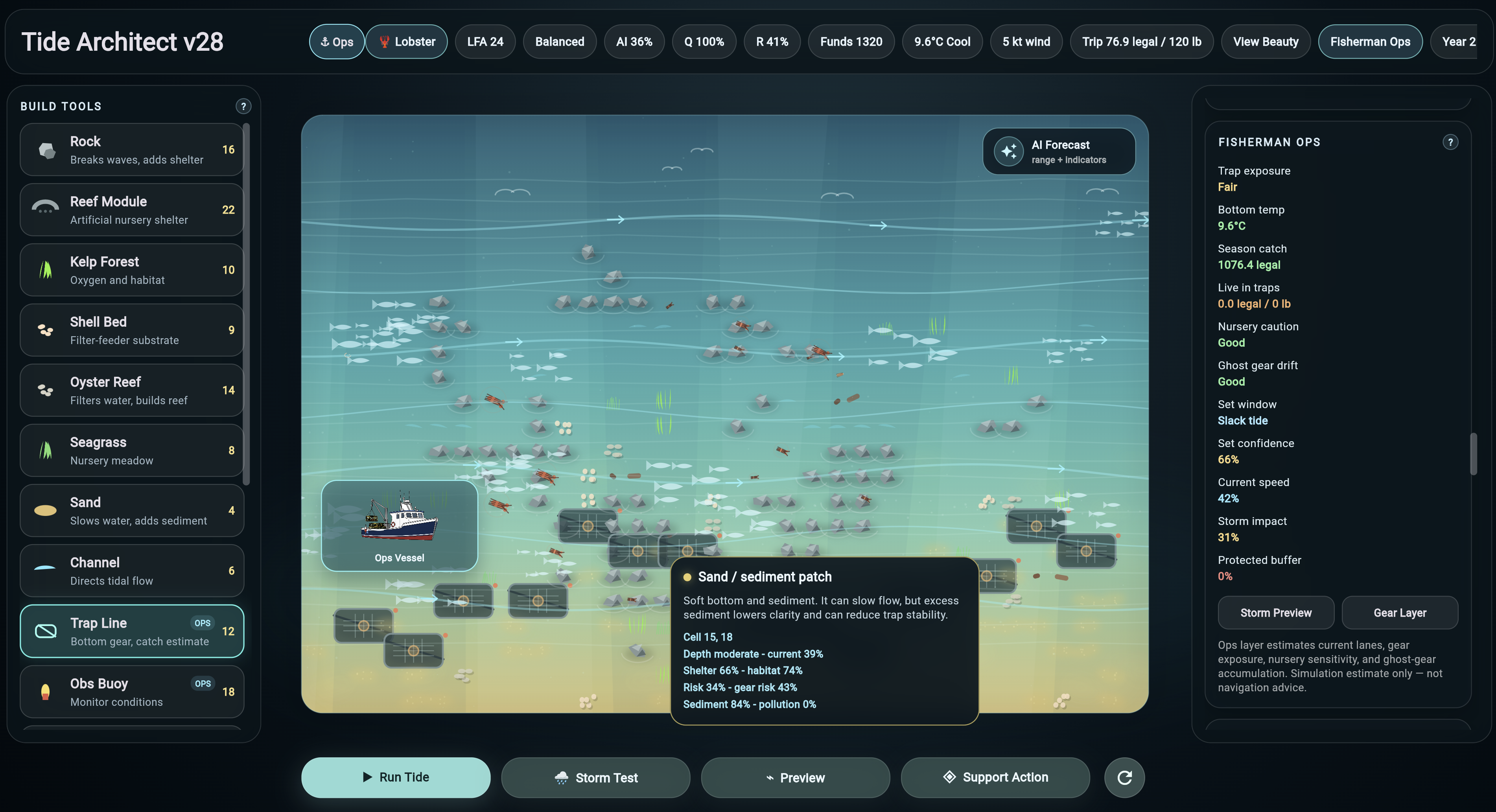 Tide Architect maritime planning interface with agent panel, weather, route, ocean, and harbour modules.